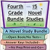 Fourth Grade Novel Study Bundle for Homeschool Homeschool resource bundle for fourth grade novel studies with open book, answer keys, and no prep print-and-go materials.