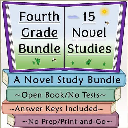 Homeschool resource bundle for fourth grade novel studies with open book, answer keys, and no prep print-and-go materials.
