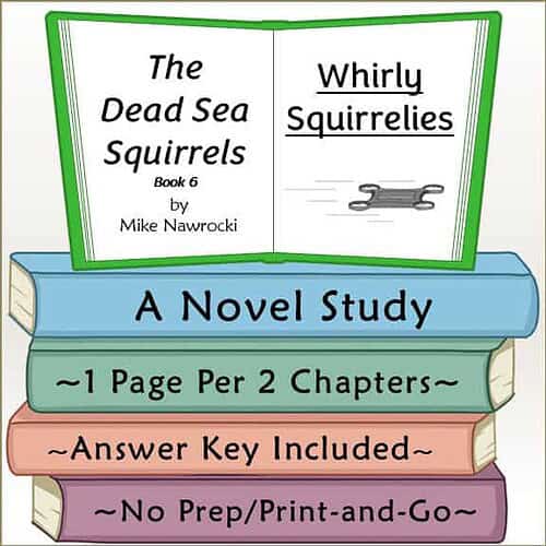 Homeschool Resource Co. Book Cover Educational book cover for 'The Dead Sea Squirrels' by Mike Nawrocki, featuring colorful stacked books and a green open book with the title and author.