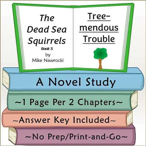 Cover of 'The Dead Sea Squirrels Book 5: Tree-mendous Trouble' showing a colorful stack of books and an open book with the title and author.