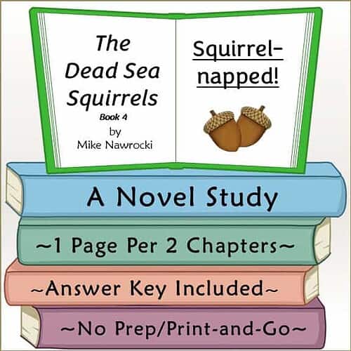 Cover of 'The Dead Sea Squirrels Book 4: Squirrel-napped!' showing a green open book with the title and author Mike Nawrocki, and a stack of colorful books below.