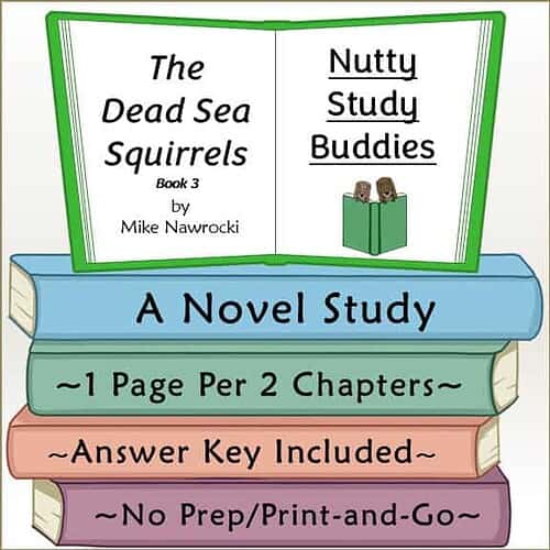 Cover of 'The Dead Sea Squirrels Book 3: Nutty Study Buddies' showing a colorful stack of books and an open book with the title and author.
