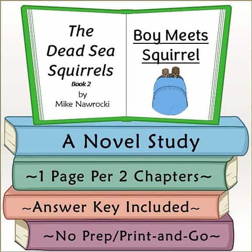 Homeschool Resource Co. Book Cover Educational book cover titled 'The Dead Sea Squirrels Book 2: Boy Meets Squirrel' by Mike Nawrocki, featuring colorful book illustrations and study details.