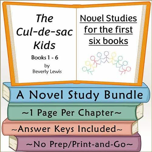 Cover image of The Cul-de-sac Kids book series by Beverly Lewis, featuring colorful stacked books and an open book with the title and study details.