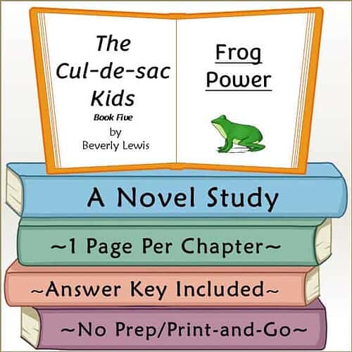 Educational book cover for 'The Cul-de-sac Kids' by Beverly Lewis, featuring a frog and study details for homeschooling.