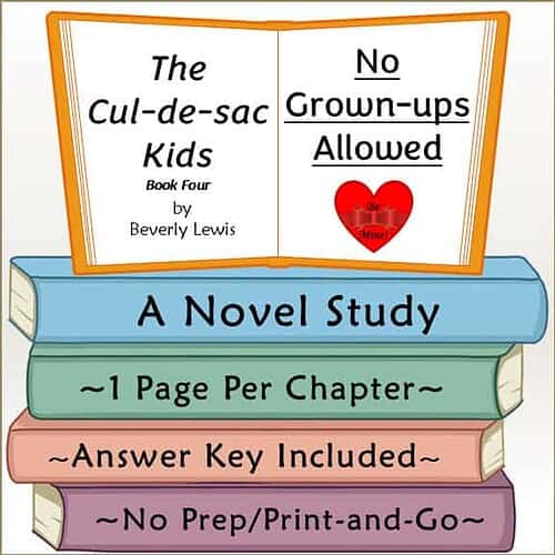 Open book cover of 'The Cul-de-sac Kids Book Four' by Beverly Lewis with a blue, green, pink, and purple stack of books underneath.