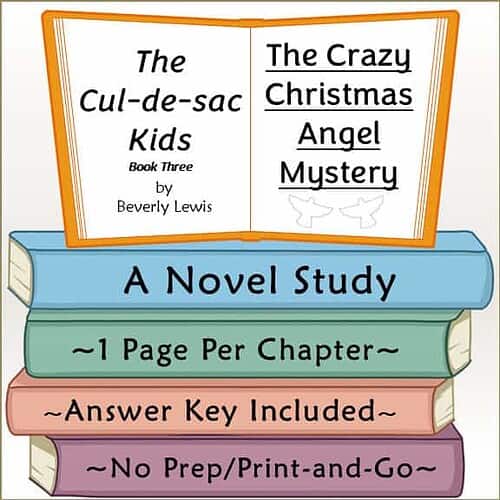 Homeschool Resource Co. Book Cover Book cover for 'The Crazy Christmas Angel Mystery' by Beverly Lewis, featuring colorful stacked books and an open book with the title and author.