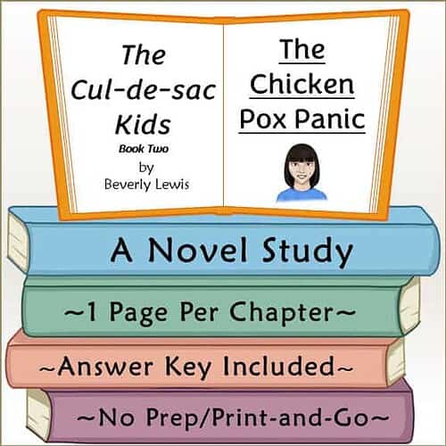 Homeschool Resource Co. Book Cover Open children's book titled 'The Cul-de-sac Kids Book Two' by Beverly Lewis, featuring a cartoon girl on the right page, with colorful stacked books below.