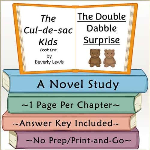 Cover of 'The Double Dabble Surprise' by Beverly Lewis, featuring two teddy bears and colorful book spines for homeschool learning.