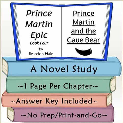 Illustration of a book cover for 'Prince Martin and the Cave Bear' by Brandon Hale, featuring a blue book with chapter and study notes.