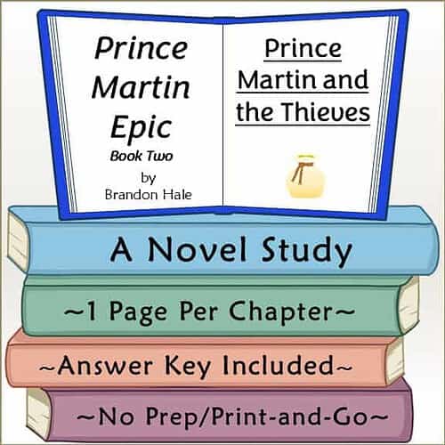 Educational image of a book cover titled 'Prince Martin Epic' by Brandon Hale, featuring a stack of colorful books and an open book with a treasure bag illustration.