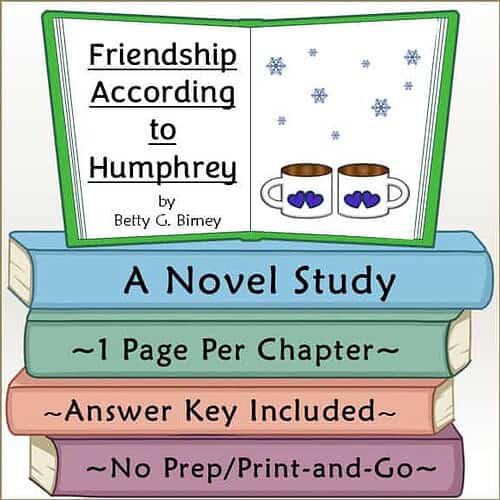 Cover of 'Friendship According to Humphrey' by Betty G. Birney, featuring two coffee mugs with hearts and snowflakes in the background, for homeschool learning.