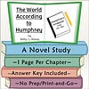 Homeschool Resource Co. Book Cover Colorful illustrated book cover for 'The World According to Humphrey' by Betty G. Birney, featuring a notebook and pencil, with stacked books and a green border.