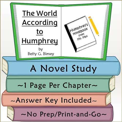 Colorful illustrated book cover for 'The World According to Humphrey' by Betty G. Birney, featuring a notebook and pencil, with stacked books and a green border.
