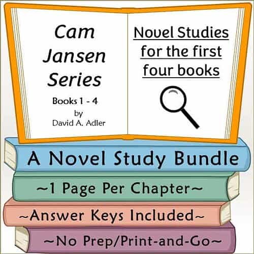 Educational book cover for Cam Jansen Series, featuring a magnifying glass and colorful books, ideal for homeschool learning resources.