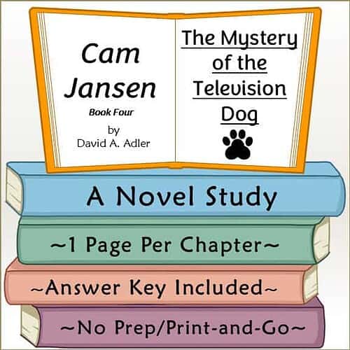 Homeschool Resource Co. Book Cover Book cover for 'The Mystery of the Television Dog' by Cam Jansen, featuring colorful stacked books and a title card.