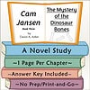 Educational book cover titled 'The Mystery of the Dinosaur Bones' by Cam Jansen, featuring colorful stacked books and a title page with bones illustration.
