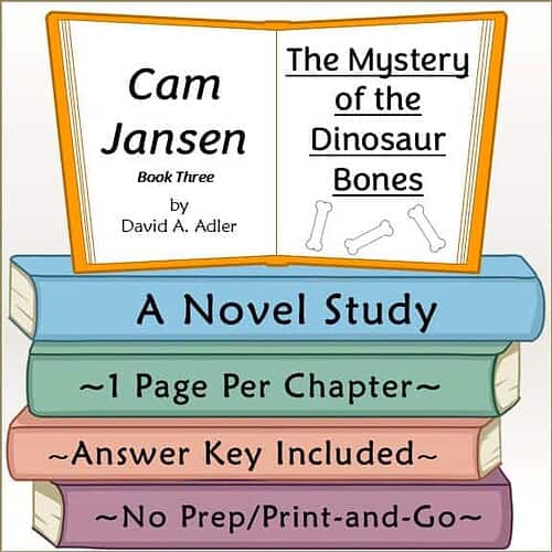 Educational book cover titled 'The Mystery of the Dinosaur Bones' by Cam Jansen, featuring colorful stacked books and a title page with bones illustration.
