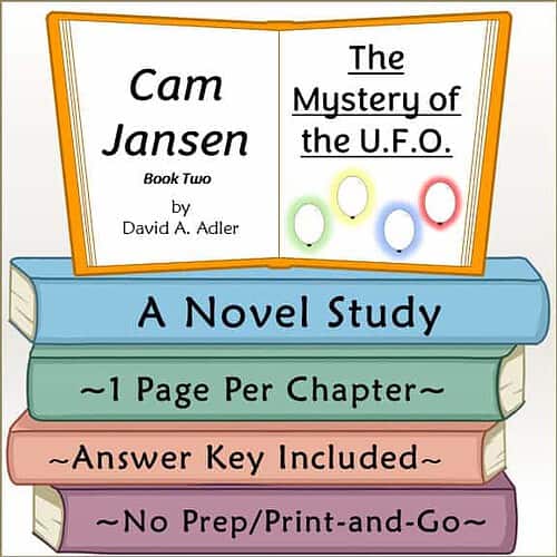 Children's educational book cover titled 'The Mystery of the U.F.O.' by Cam Jansen, featuring colorful illustrations of UFOs and a stack of study guides.