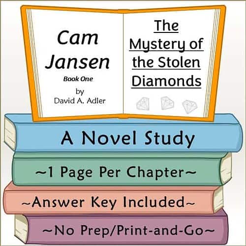 Educational book cover titled "The Mystery of the Stolen Diamonds" by Cam Jansen, featuring colorful stacked books and an open book with the title.