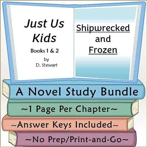 Homeschool Book Bundle for Kids Image of a homeschool book bundle titled 'Just Us Kids' with study guides for 'Shipwrecked and Frozen' by D. Stewart, including answer keys and no prep needed.