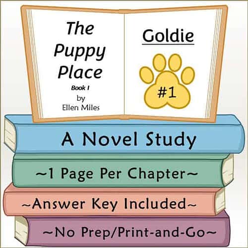 Book cover for 'The Puppy Place' by Ellen Miles, featuring a cartoon puppy paw print and colorful book spines, ideal for homeschooling resources.
