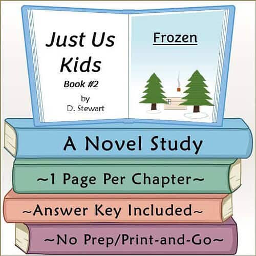 Book cover for 'Just Us Kids Book #2' by D. Stewart, titled 'Frozen', featuring a simple illustration of a winter scene with trees and a snow-covered bench.