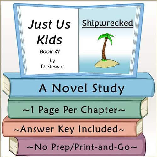 Homeschool Resource Co. Book Cover Children's educational book cover titled 'Just Us Kids Book 1' by D. Stewart, featuring a shipwrecked island scene with a palm tree, designed for homeschooling resources.
