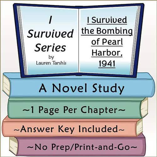Book cover for Survived Series by Lauren Tarshis, featuring a blue open book with chapter title about Pearl Harbor bombing, and colorful stacked books with study notes.