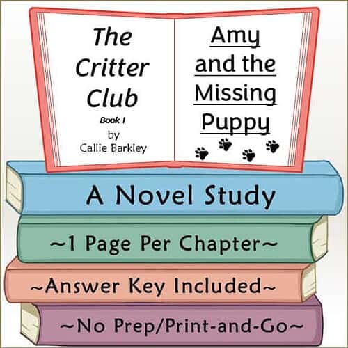 Cover of 'Amy and the Missing Puppy' by Callie Barkley, part of The Critter Club series, featuring a stack of colorful books with a red open book on top.