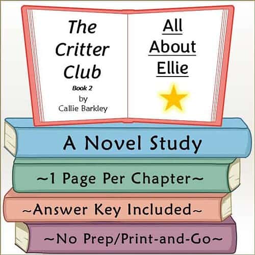Book cover for 'The Critter Club Book 2: All About Ellie' featuring a colorful stack of books and a star symbol.