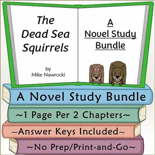 Homeschool resource bundle for 'The Dead Sea Squirrels' novel study, featuring colorful book stack and illustrated squirrel characters, ideal for homeschooling.