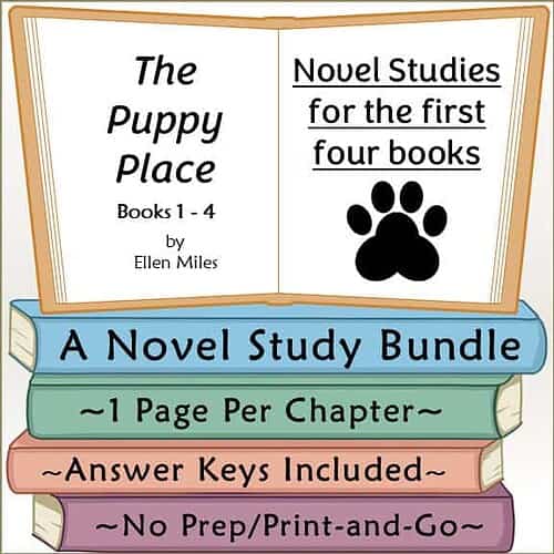 Cover of 'The Puppy Place' book series, featuring a colorful stack of books with a large paw print and title about novel studies for early readers.