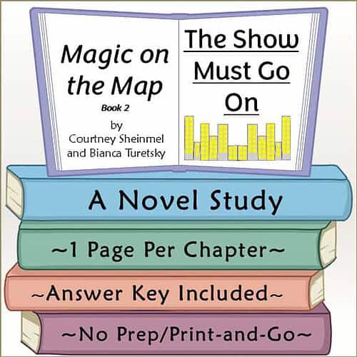 Educational book cover titled 'Magic on the Map' by Courtney Sheinmel and Bianca Turetsky, featuring colorful stacked books and a cityscape illustration.