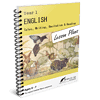 Homeschool English Year 1 lesson plan cover featuring animals and nature illustrations for early literacy and reading skills.