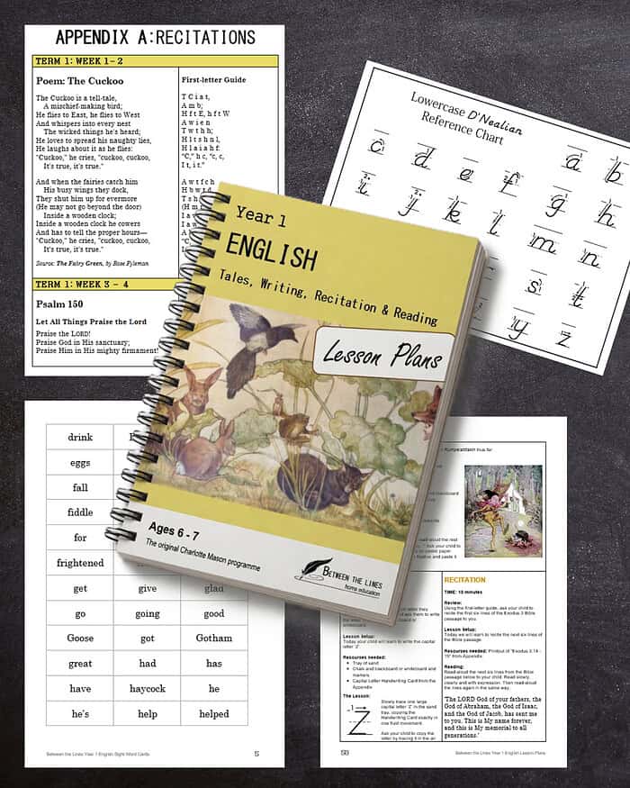 Comprehensive English lesson plan book for homeschool, featuring tales, writing, recitation, and reading activities for ages 6-7.