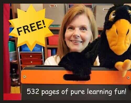 cropped-Copy-of-Premium-worksheets-Homeschool-Resource-1.jpg Homeschool Resource Co. promotional image featuring a woman with a large black bird puppet and a sign offering 532 pages of learning fun.