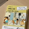 English Year 1 sight word cards for homeschool, featuring colorful illustrations of children and animals, designed for early literacy and reading practice.