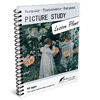 A detailed image of a homeschool resource book titled "Vermeer - Tintoretto - Sargent PICTURE STUDY Lesson Plans," featuring a cover illustration of children in a garden with pumpkins, designed for al.