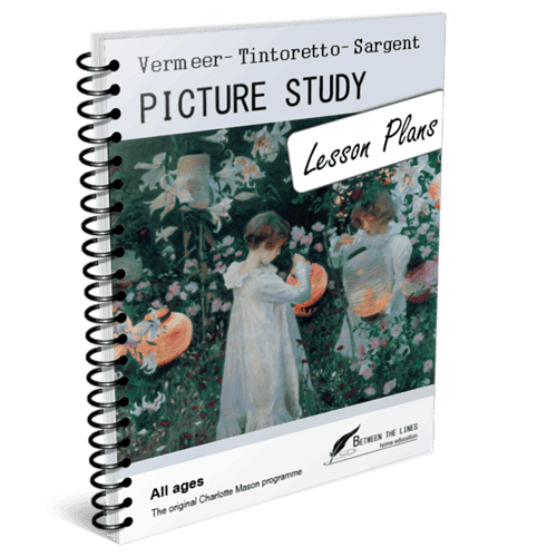 A detailed image of a homeschool resource book titled "Vermeer - Tintoretto - Sargent PICTURE STUDY Lesson Plans," featuring a cover illustration of children in a garden with pumpkins, designed for al.