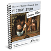 cropped-PictureStudyRotation1Mockup.png A detailed image of a homeschool lesson plan book titled "Millet–Watts–Steen & Dou Picture Study Lesson Plans," featuring a painting of three people engaged in a conversation through a window, with a.