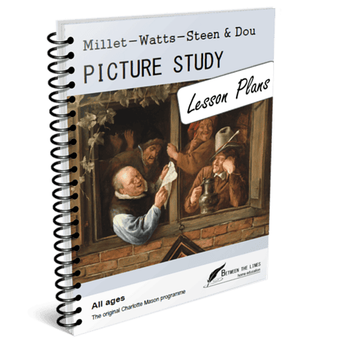 A detailed image of a homeschool lesson plan book titled "Millet–Watts–Steen & Dou Picture Study Lesson Plans," featuring a painting of three people engaged in a conversation through a window, with a.