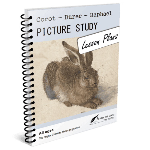 cropped-PictureStudyRotation2Mockup.png A rabbit illustration from a homeschool lesson plan book for picture study, featuring authors Corot, Dürer, and Raphael, suitable for all ages.