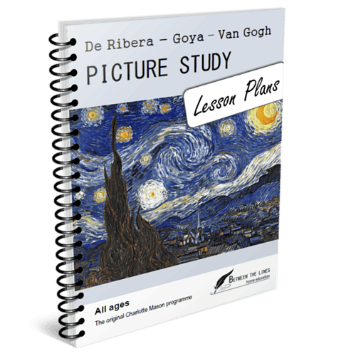 Homeschool art lesson plan featuring "Starry Night" by Vincent van Gogh, suitable for all ages, with educational focus on famous painters and art history.