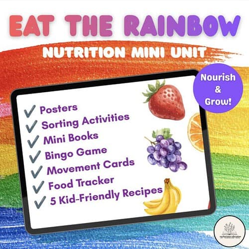 Homeschool Resource Co. Rainbow Nutrition Mini Unit with educational activities and colorful fruit illustrations.