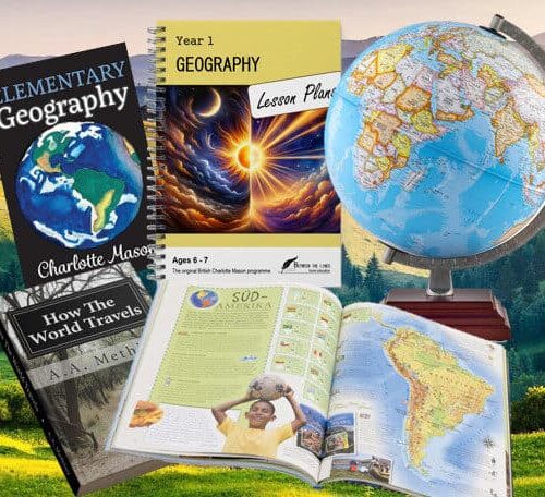 Educational geography books, globe, and maps for homeschooling, focusing on world and elementary geography lessons.