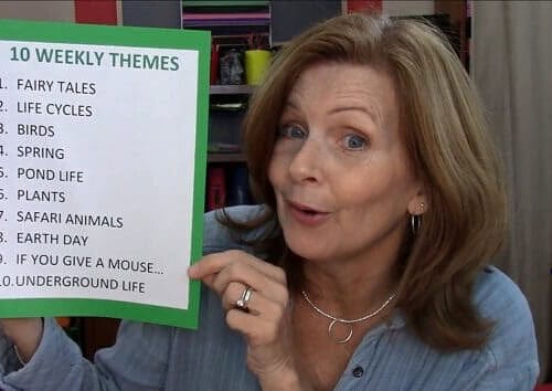 Woman holding a list of 10 weekly homeschool themes including fairy tales, life cycles, birds, spring, pond life, plants, safari animals, earth day, mice, and underground life.