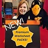 Woman with a bird mascot promoting new premium worksheet packs at Homeschool Resource Co.