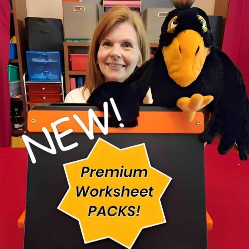 Woman with a bird mascot promoting new premium worksheet packs at Homeschool Resource Co.