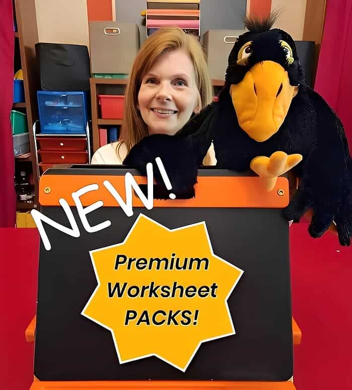 Woman with a bird mascot promoting new premium worksheet packs at Homeschool Resource Co.